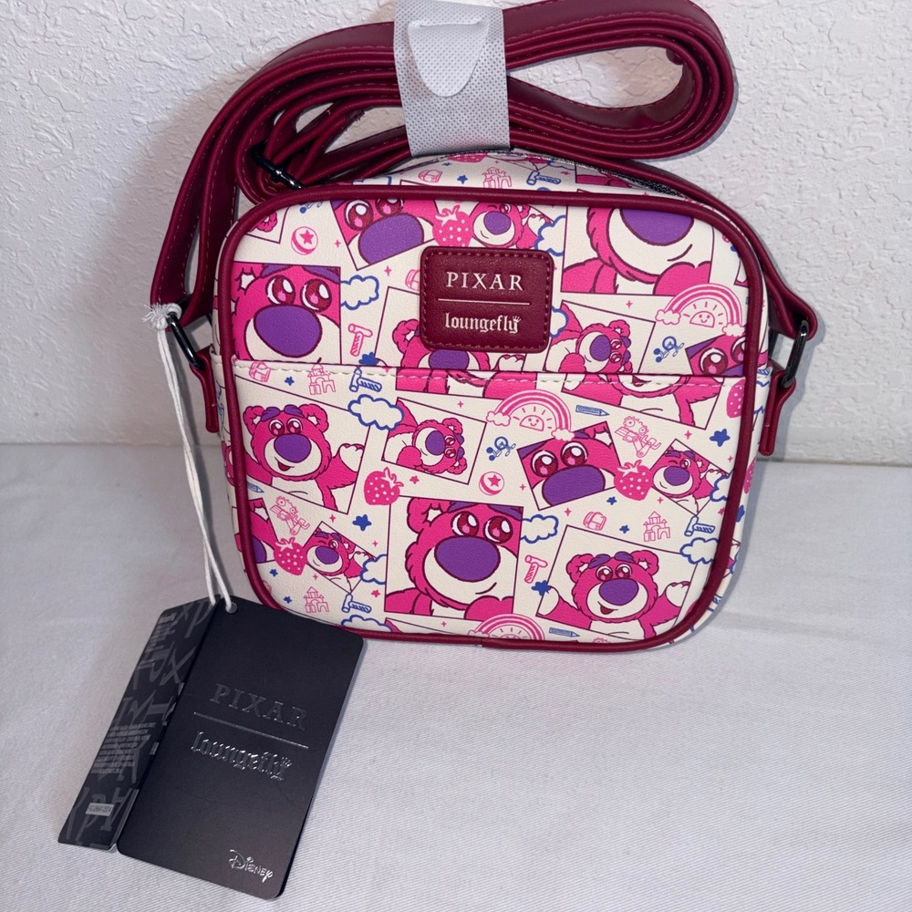 Loungefly Pixar Toy Story Lotso Bear Crossbody Bag Pink New AOP Square Bag